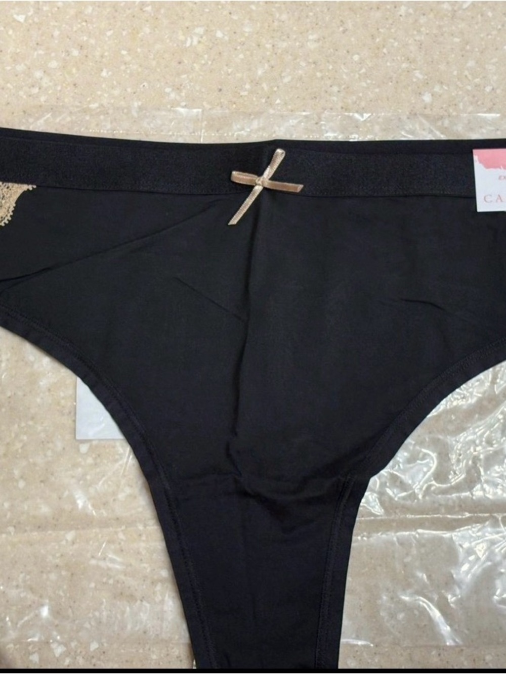 Cacique Black Thong Panty with Tan side Lace and Bow Accent size 14/16 NEW